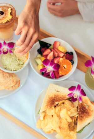 Closeup of a cabana meal at Halepuna